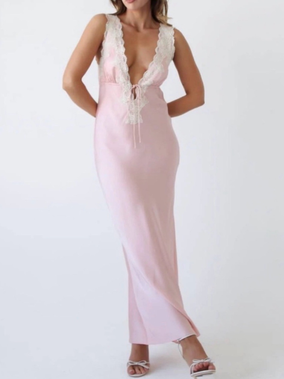 Rumored Lace-Trim Pink Satin Slip Dress